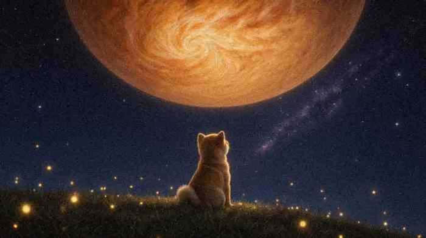 A puppy sitting on a hill at night looking up at a huge orange planet